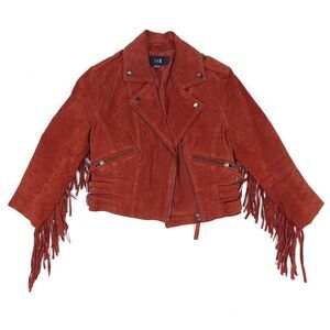 100% Genuine Leather Jacket Suede Crop Moto Fringe Tassel Womens Small Rust Red
